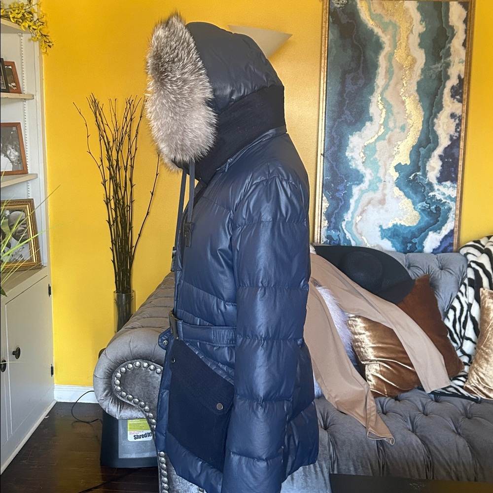 Andrew Marc Fox Fur
Trim Hood Belted Puffer Navy Jacket - Picture 6 of 14